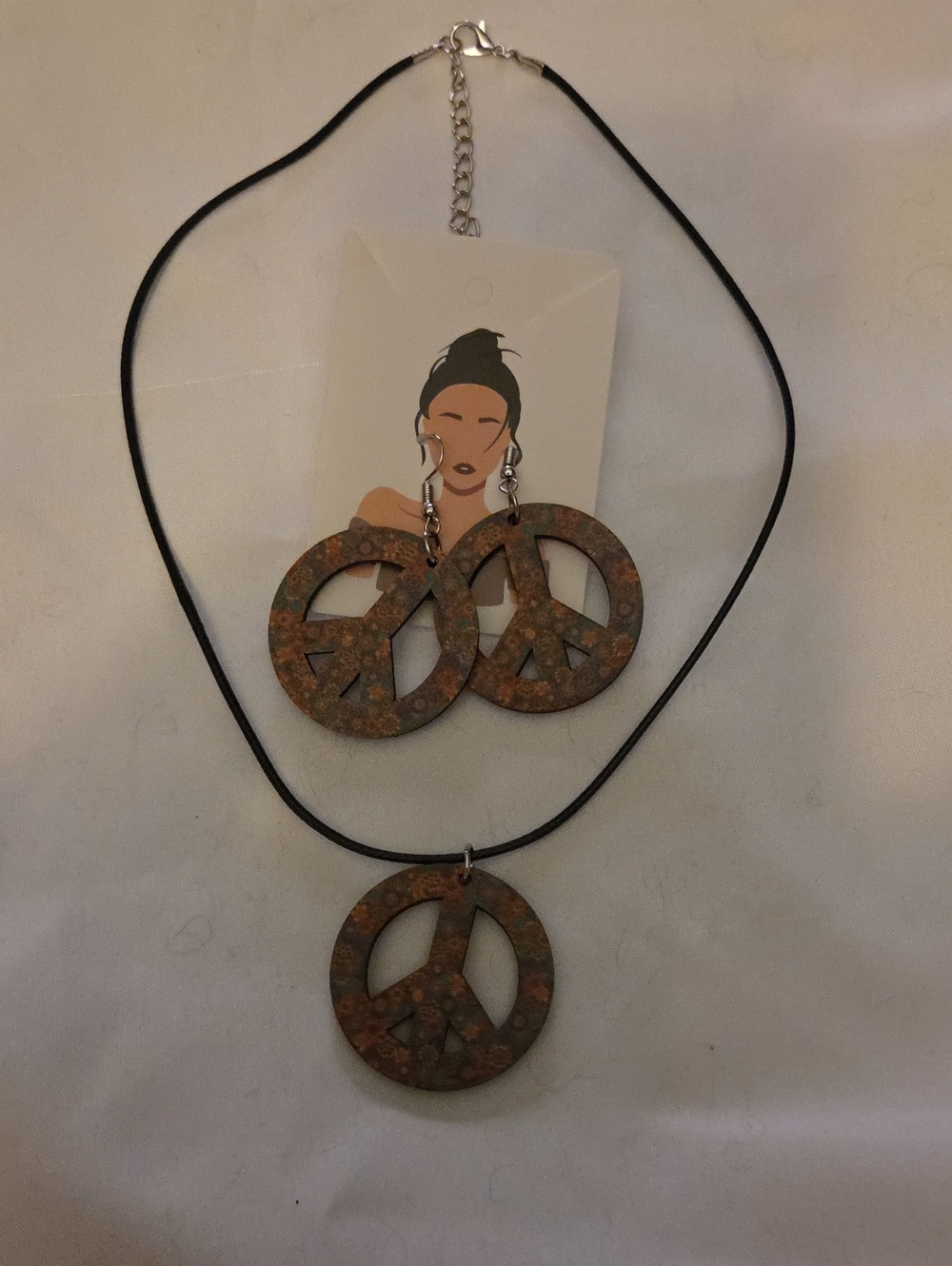 Boho Peace Sign Necklace and Earring Set in Brown